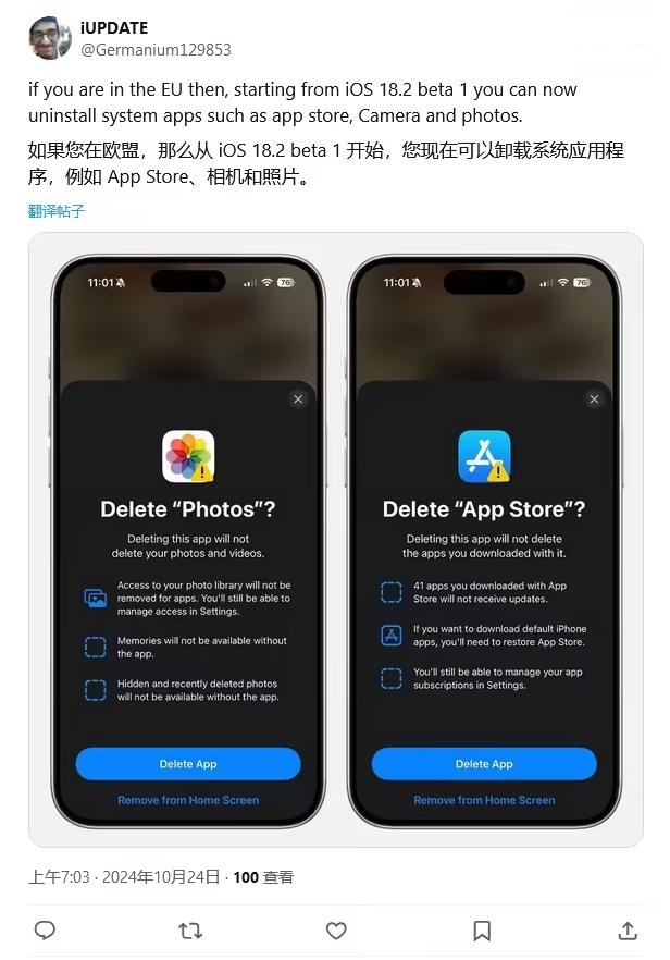 河东区街道苹果手机维修分享iOS 18.2 支持删除 App Store 应用商店 